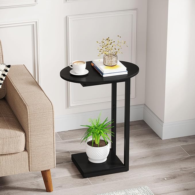 Hosfais Small Side Table End Table, C-Shaped Wood Coffee Table TV Tray for Eating Couch Tables for Small Space, Living Room, Bedroom, Couch (Black 2 Pack)