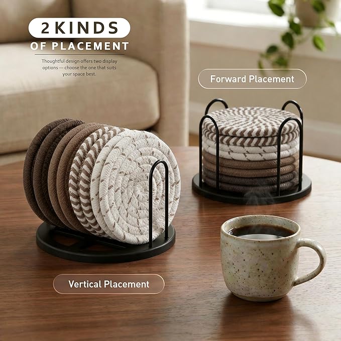 Lazebox Coasters Set of 8 for Drinks, Beer, Coffee, Cotton Woven 4 Colors Absorbent Coaster with Holder, Boho Coasters for Home Decor Tabletop Protection Suitable for Kinds of Cups