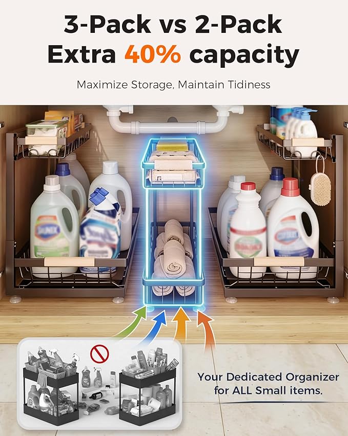 Sevenblue 3 Pack Under Sink Organizer, Multi-Purpose 2 Tier Pull-Out Metal Under Kitchen Sink Organizer, Height Adjustable Storage Shelves for Kitchen Bathroom Cabinet