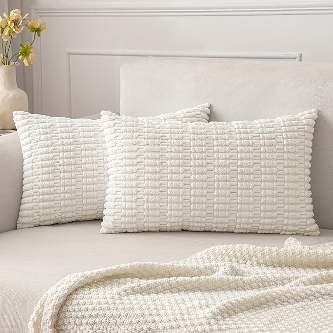 MIULEE Pack of 2 Corduroy Decorative Lumbar Throw Pillow Covers 20x12 Inch Soft Boho Striped Pillow Covers Modern Farmhouse Home Decor for Sofa Living Room Couch Bed Pure White