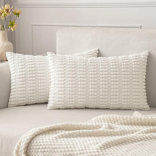 MIULEE Pack of 2 Corduroy Decorative Lumbar Throw Pillow Covers 20x12 Inch Soft Boho Striped Pillow Covers Modern Farmhouse Home Decor for Sofa Living Room Couch Bed Pure White