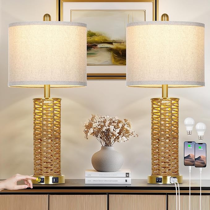 CINSARY 27" Natural Rattan Table Lamps Set of 2, Boho Bedside Lamp for Bedroom with Night Light, Woven Wicker Nightstand Lamps with 2 USB Ports & AC Outlet, Tall Farmhouse Living Room Lamp, Gold