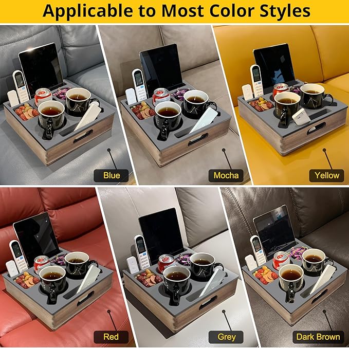 KindGa Couch Cup Holder, Waterproof Anti-Spill Couch Drink Holder for Snacks Beverage Remote, Food Grade Silicone Wooden Couch Caddy for Bed Car Seat Beach Tray (Gray)