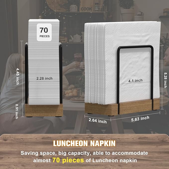 Napkin Holder for Table, Acacia Iron Standing Napkin Dispenser for Kitchen Dining Table Farmhouse Cocktail Picnic Rustic Wood Holders for Mail Suitable for All Dining Room Decors Black and Acacia