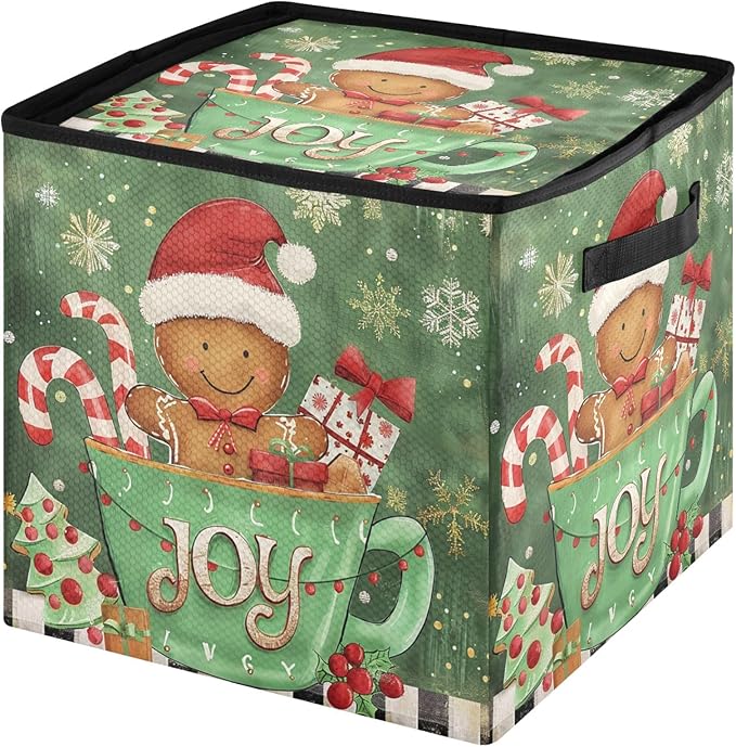 Green Christmas Ornament Storage Basket Box Poinsettia Candy Cane Bells Holiday Storage Container Cube with Adjustable Dividers for 64 Holiday Ornaments or Decorations Keeps Clean and Dry