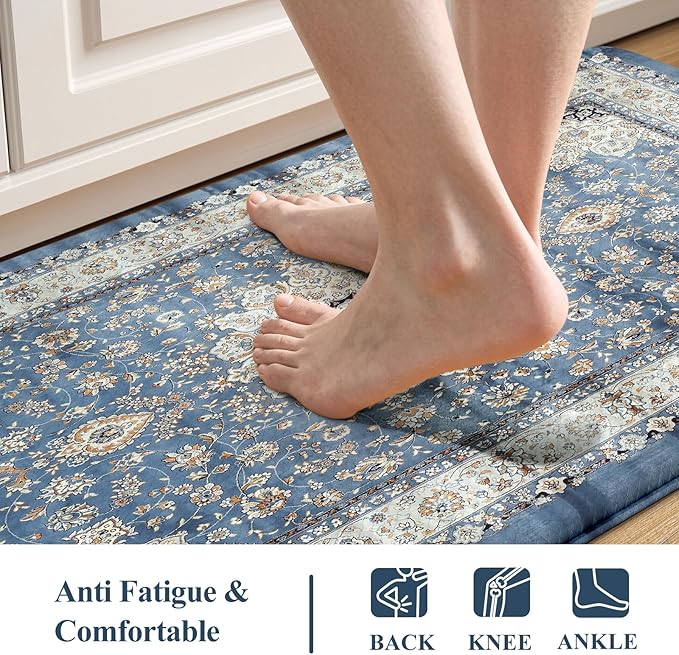 Collive Cushioned Kitchen Floor Mats, Anti Fatigue Kitchen Mats for Floor Non Slip Waterproof Sink Rugs, Comfortable Standing Desk Mat for Office, Laundry Room, 17"x47"-Blue