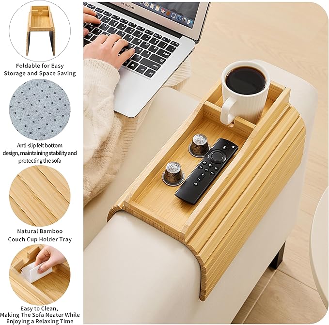 Bamboo Couch Cup Holder Arm Tray Table，Couch Drink Holder，Sofa Cup Holder Armrest Tray，Anti-Slip Foldable Arm Chair Table Tray Recliners for Drink,Cups, Snacks, Phone, Remote