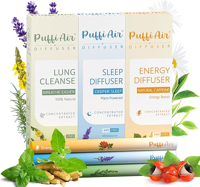 Herbal Diffuser Trio, Detox, Sleep and Energy Diffuser with Extract of Mullein, Melatonin and and Chamomile, 100% Natural Swap, Wellness Commute Trio, 600 Uses Each