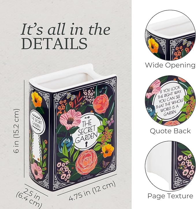 Steel Mill & Co Original Book-Shaped Decorative Vase, Ceramic Vases for Home Decor, Cute Bookshelf Decor, Unique Vase for Book Lovers (Small - Secret Garden)