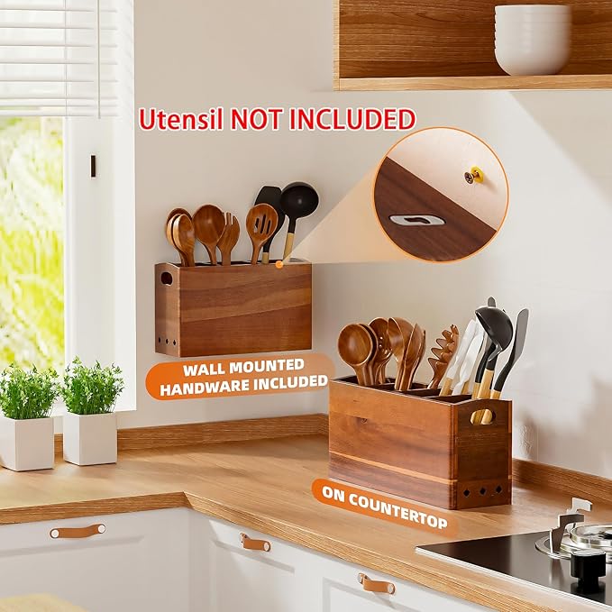 Natural Acacia Wood Utensil Holder for Kitchen Counter (X-Large), 4 Compartment with Removable Dividers 15.7"x7.2"x5.04", Extra Large Cooking Utensil Organizer - Anti-Scratch Bottom