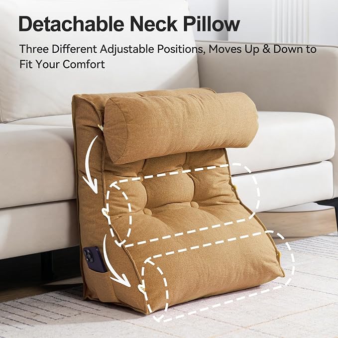 23" H Bed Wedge Reading Pillow with Adjustable Headrest, Reading Pillow for Sitting in Bed Couch Adult Backrest Pillow for Neck Back Lumbar Support with Removable Washable Cover Light Coffee
