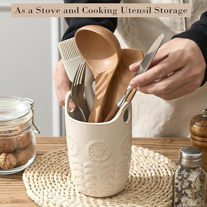 5.75" (H) Utensil Holder for Kitchen Counter, Cute Nordic Minimalist Style Cooking Utensil Holder and Crock Home Kitchen Decor, Ceramic Utensil Organizer for All kinds Spoon, Knife, Fork- Cream White