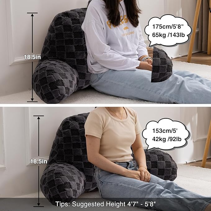 A Nice Night Faux Fur Reading Pillow,Checkered Fluffy Grid Plaid,Bed Wedge Pillow Large Adult Children Backrest with Arms for Bedrest,Darkgrey