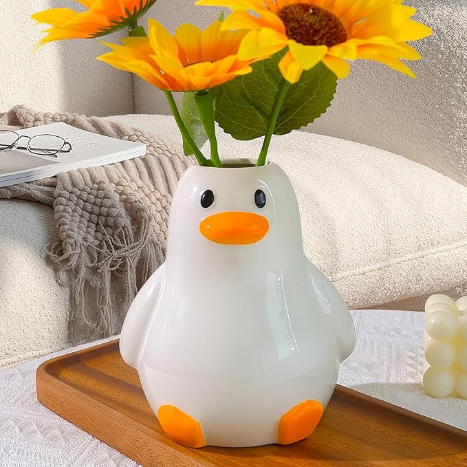 Mougigi Unique Duck Vase - Cute White Ceramic Handcrafted Piece with Round Modern Design, Funky Aesthetic Table Decor for Flowers/Accessories, Cool Animal Goose-Themed Art Vase Great for Decor Gifts