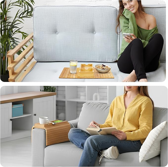 Bamboo Couch Cup Holder Tray, Sofa Arm Tray, Lab Tray with Detachable Design | Anti-Slip Foldable Sofa Armrest Table for Snacks, Drinks, Donuts, Phone & Remote | Anti-Falling Couch Organizer