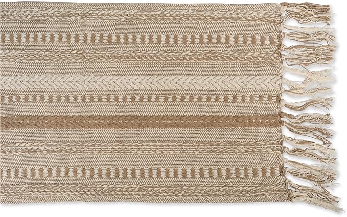 DII Farmhouse Braided Stripe Table Runner Collection, 15x108 (15x113, Fringe Included), Stone