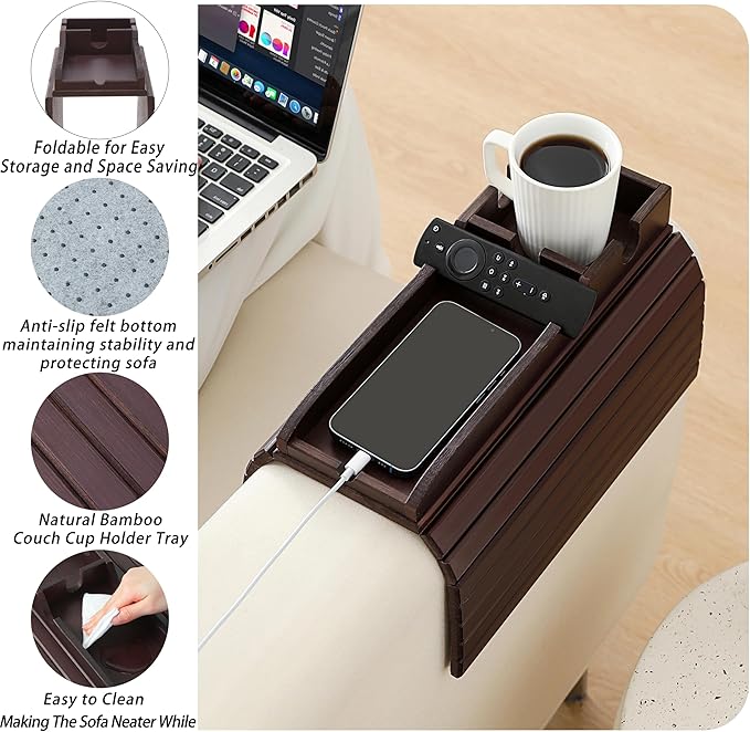 Bamboo Couch Cup Holder Arm Tray Table，Foldable Couch Drink Holder Armrest Table，Sofa Arm Rest Tray，Flexible Arm Chair Table Recliners for Drink,Cups, Snacks, Phone, Remote (Mahogany)