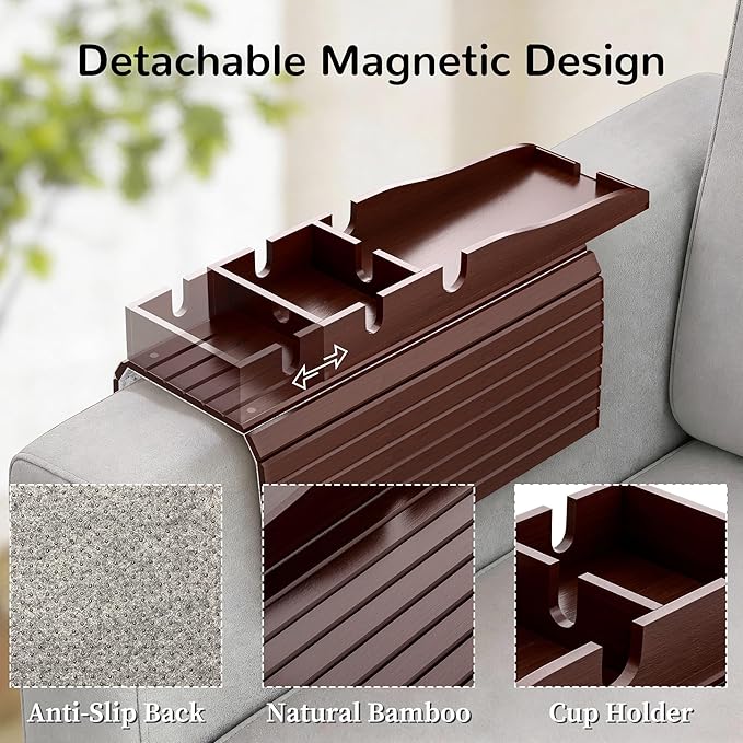 Korser Couch Armrest Table, Sofa Arm Tray with Removable Cup Holder, 2 in 1 Anti-Slip Armrest Tray Table for Couch, Bamboo Foldable Couch Cup Holder for Drinks Snacks Phone Remote Control