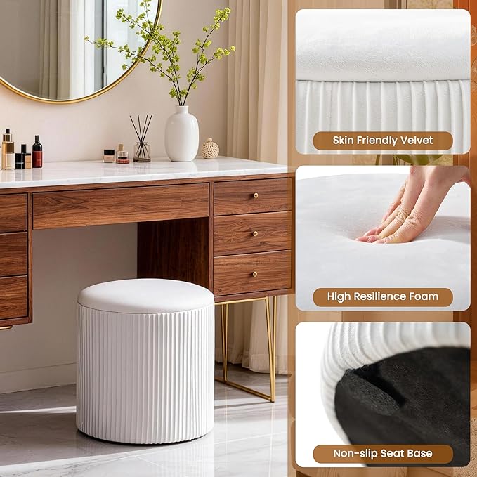 Vanity Stool Set of 2 - Round Storage Ottoman with Lid, Velvet Footrest Pouf for Makeup Room & Living Room, Multi-Use Small Chair with Hidden Storage（White）
