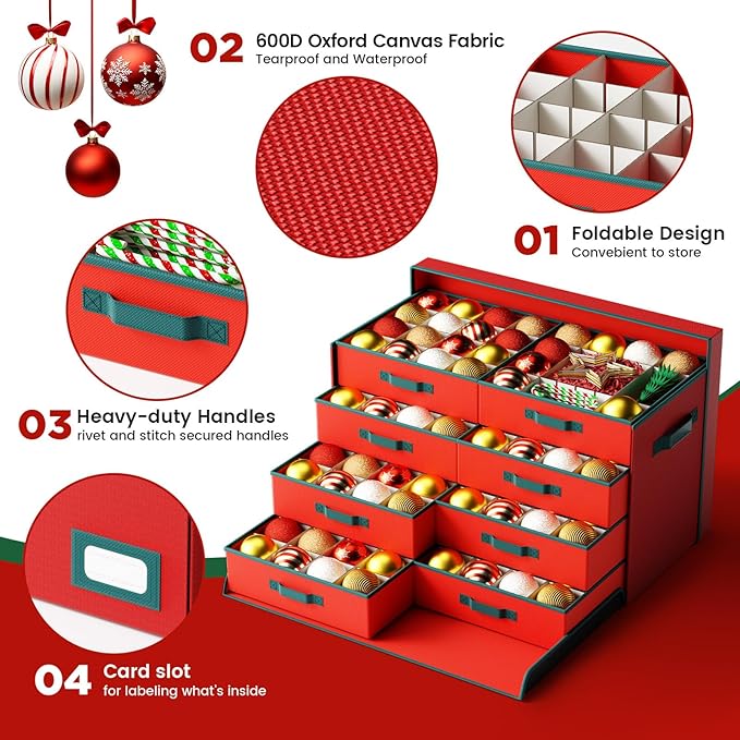 Christmas Ornament Storage Box-Hold 128 Ornaments, Xmas Ornament Organizer Storage box with Lid and Adjustable Dividers, Extra Large Holiday decorations Storage Container with Individual Trays, Red