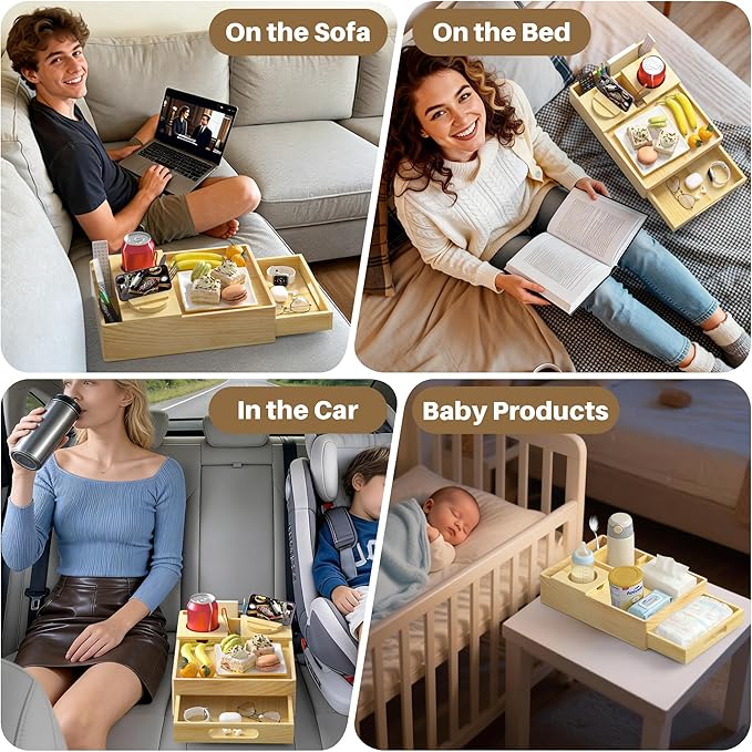Couch Cup Holder, 7-in-1 Couch Caddy Tray, Sofa Side Table with Push-Pull Drawer to Organize and Store Small Objects, 360°Swivel Phone Holder, for Drinks, Cups, Snacks, Remote