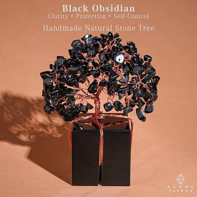 Chakra Tree of Life for Unique Gifts for Mom, Dad, Home and Office Decor, Handmade Black Obsidian Healing Crystal Tree for Positivity, Money & Good Luck, Birthday Gifts for Women, Mens