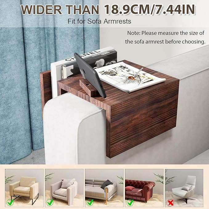 Couch Arm Table Tray with 360° Phone Holder Side Storage Pocket 3 in 1 Couch Armrest Table Wooden Clip-On Sofa Arm Tray Table for Living Room TV Dinners Eating Drinks Snacks (Brown)