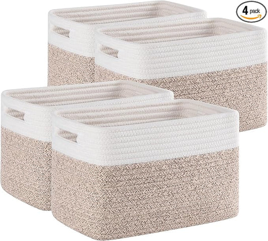 4 Pack Storage Baskets for Organizing, Woven Baskets for Shelves - Perfect for Toys, Books, Towels, and Clothes, Durable Gift Basket Bins Toy Storage, 12.7''Lx9''Wx7.8''H, Brown & White