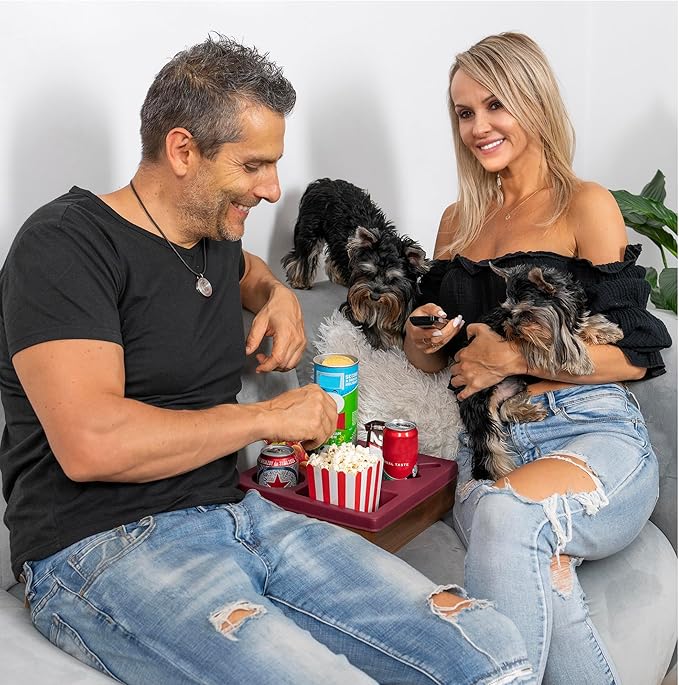 Silicone Couch Cup Holder Tray – Silicone Acacia Couch Caddy with Cup Holder & Phone Stand – Waterproof Anti-Spill Snack & Bed Caddy Organizer Sofa Tray for Drinks, Snacks, & Remotes (Maroon)