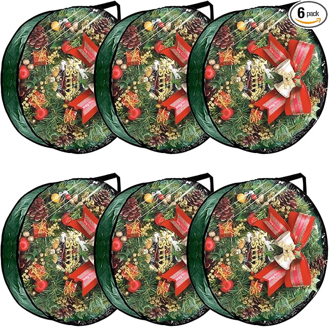6 Pack Wreath Storage Container, 30 Inch Wreath Storage Bags, Clear Christmas Wreath Storage Container with Sturdy Handles for Holiday Seasonal Decoration, Green