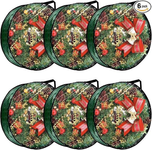 6 Pack Wreath Storage Container, 30 Inch Wreath Storage Bags, Clear Christmas Wreath Storage Container with Sturdy Handles for Holiday Seasonal Decoration, Green