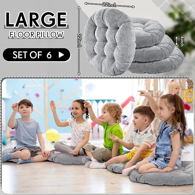 Jerify Floor Pillow Cushions Large Round Square Large Meditation Floor Pillow for Classroom Adult Meditation Picnic Party Seating Learning Daycare School(Round,Light Gray,6 Pcs)