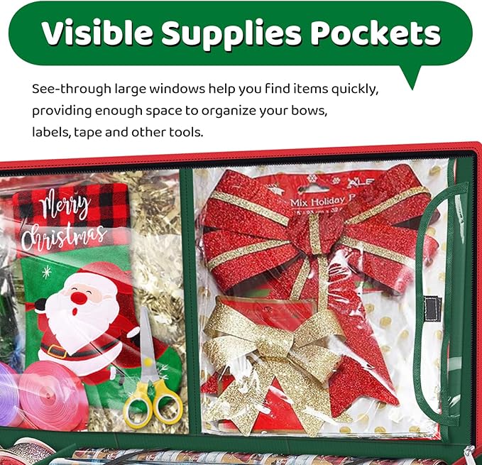 Fabspace Christmas Wrapping Paper Storage Containers, 40 Inch Gift Wrap Organizer, Visible Supplies Pockets for Xmas Accessories, Underbed Storage for Christmas Decorations, Green