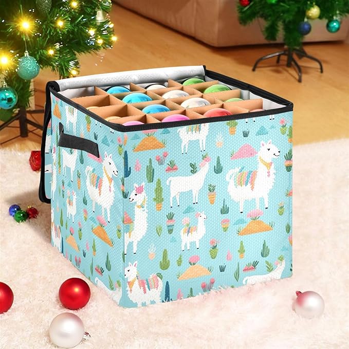 Kigai Alpaca Christmas Ornament Storage Box with Zipper & Adjustable Dividers Holiday Ornament Organizer Xmas Storage Container, 64 Balls