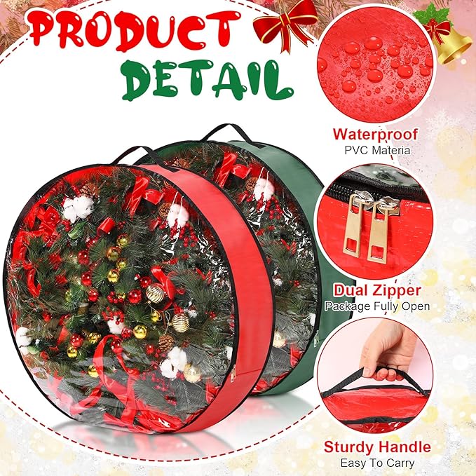 Aliceset 4 Pack Wreath Storage Containers, Ornament Garland Wreath Storage Bags with Handle Zipper Decorative Storages Box for Winter Valentine Wreaths(30 x 30 x 7.8 Inch,Red, Green)