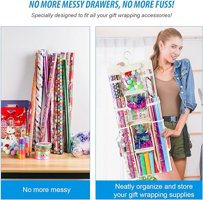 Freegrace Double-Sided Hanging Gift Wrap Organizer - Large 16 x 41 Inch Wrapping Paper Storage Bag - Tearproof 600D Oxford Closet Gift Bag & Ribbon Organization Storage Caddy, Beige
