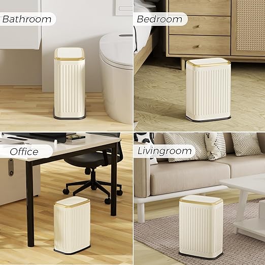 Bathroom Trash Can with Lid, 8L/2.1 Gallon Beige Trash Can Small Garbage Can with Press Top Lid Slim Stainless Steel Garbage Can with 100 Counts Trash Bags for Bathroom Bedroom Kitchen Office Toilet