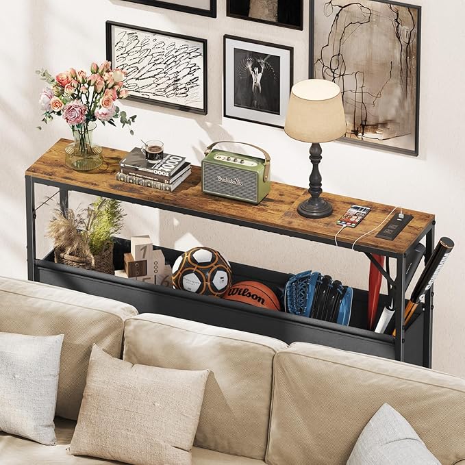 Asgolion Narrow Console Table, 47.2" Long Entryway Table with Storage & Power Outlets, Hallway Table, Mordern Industrial Sofa Tables for Living Room, Bedroom, Foyer, Office, Anti-tip Kit, Rustic Brown