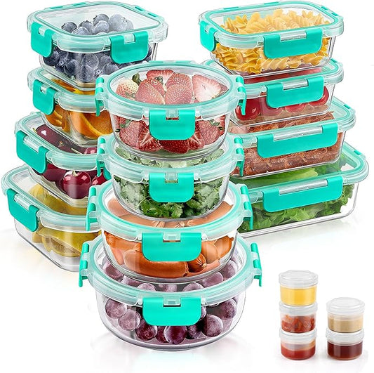 34pcs Glass Food Storage Containers with Lids Set, Airtight Glass Meal Prep Containers (17 Containers & 17 Lids), Leak Proof Lunch Container BPA-Free, Microwave, Oven, Freezer, Dishwasher Safe-Green