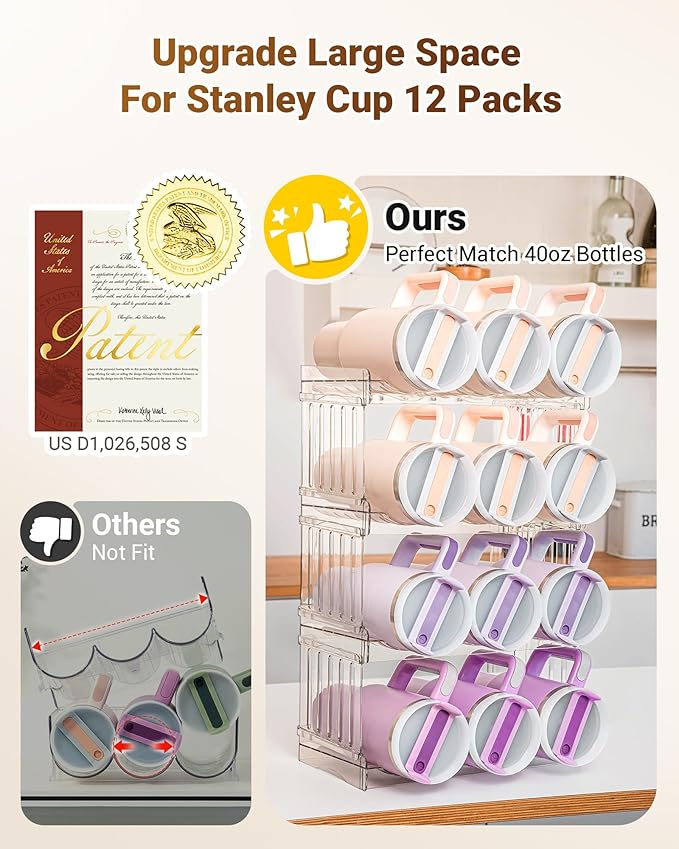 Gracenal Large Tumbler Organizer for Stanley Cup 40 oz, Patented Kitchen Pantry Organizers and Storage for Stanley Cup Accessories, Stackable Water Bottle Organizer Holder Gifts 4Pack Large-12-bottle