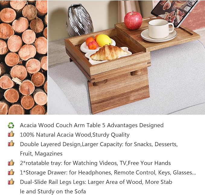 Acacia Wood Sofa Arm Tray, Adjustable Couch Armrest Table with 2 Rotatable Trays & a Storage Box | 360° Rotating Phone Holder for Drinks, Cups, Snacks, and Remote