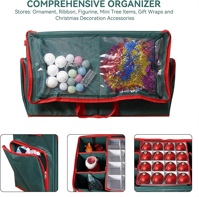 Christmas Ornament Storage Box,2-in-1 Christmas ornament organizer&Christmas Figurine Container,5 Trays,6 Adjustable Christmas Figurine Storage Grids,Green