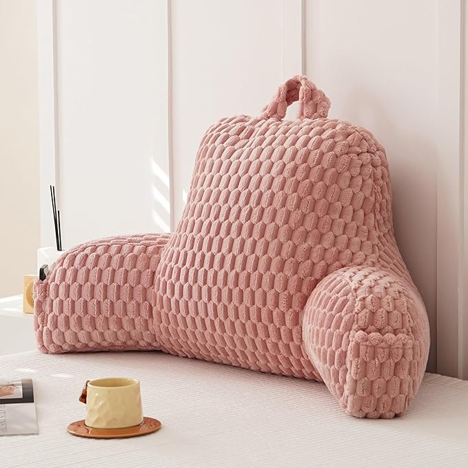 Yaoshuho Fluffy Reading Pillow for Sitting in Bed, Large Backrest Bed Pillow with Arms, Back Support Pillow for Lounging Bedrest, Old Pink