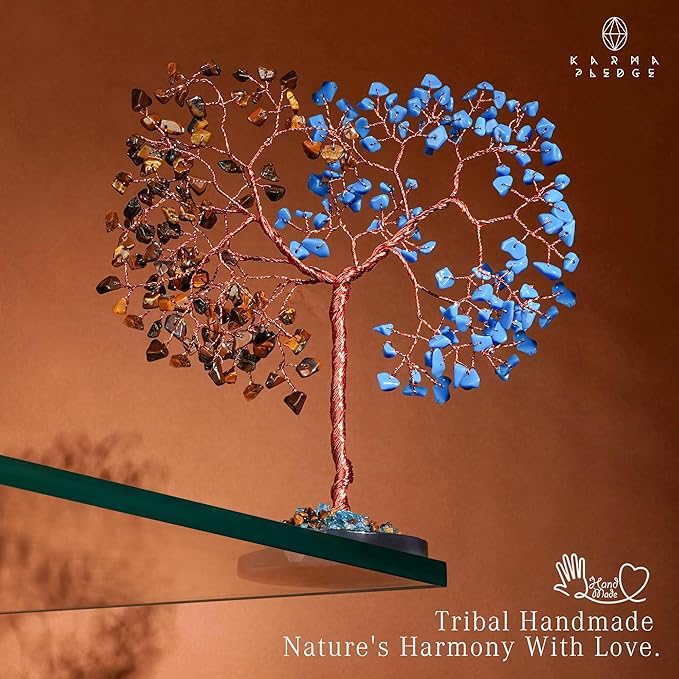 Handmade Healing Crystal Tree of Life Pink Tiger Eye and Turquoise Chakra Tree for Money, Good Luck, Feng Shui Home Decor, Living Room Office Deocration, Unique Birthday Gifts for Women, Men, Mom