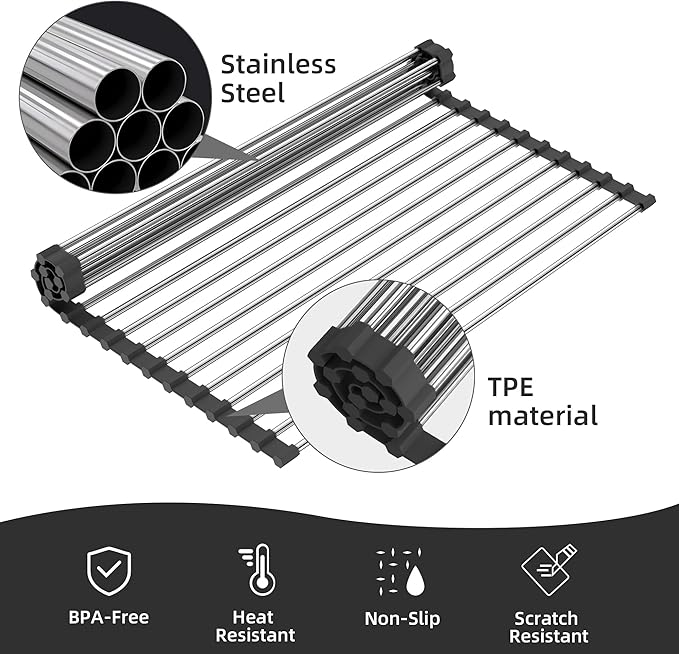 Roll Up Dish Drying Rack, Over Sink Dish Drying Rack, 17" L x 11.8" W, Black
