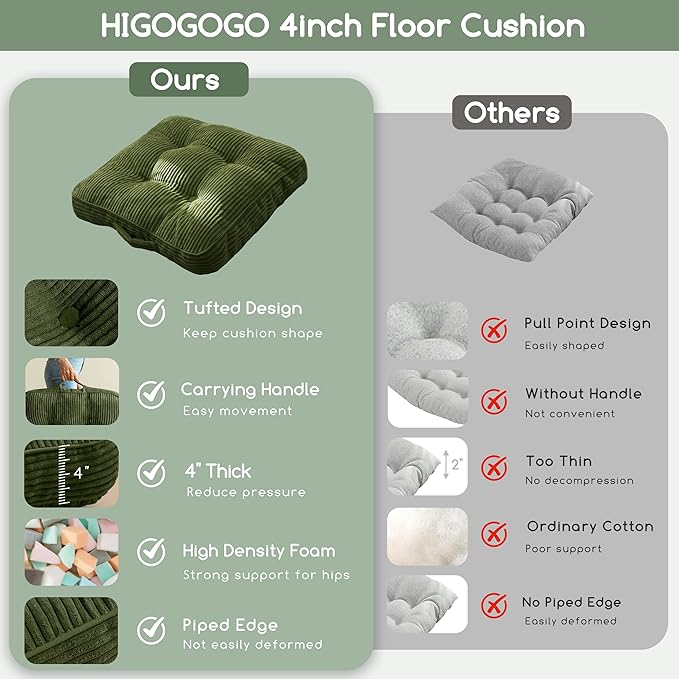 HIGOGOGO Floor Pillow Cushion for Adults, Meditation Cushion Pillow, Large Square Floor Sitting, Tufted Corduroy Cover, for Tatami Living Room or Yoga, 22x22 Inch, Dark Green