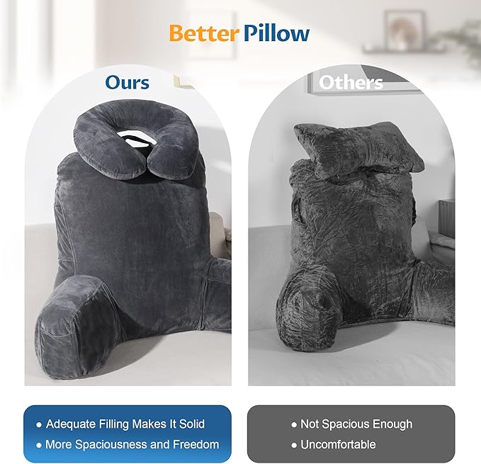 Rengue 31" Ergonomic Bed Rest Pillow, Grey Large Reading Pillow with Detachable Neck Roll Soft PP Cotton Backrest with Arms Pockets for Bed Couch Reading Watching TV
