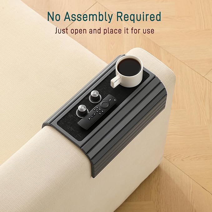 Bamboo Couch Arm Tray Table with Anti-Slip Cork Pad，Foldable Sofa Armrest Tray Table for Couch，Flexible Couch Arm Cup Holder，Portable Sofa Arm Chair Table for Drink, Snacks, Phone, Remote (Gray)