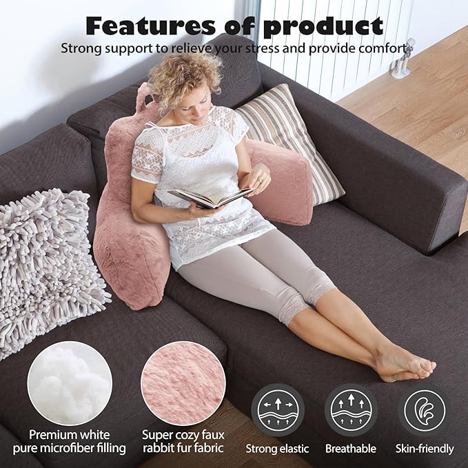 Reading Pillow for Sitting in Bed Adult, Standard Reading Pillow with Memory Foam, Back Pillow for Bed Sitting Up with Extend Arms, Pink
