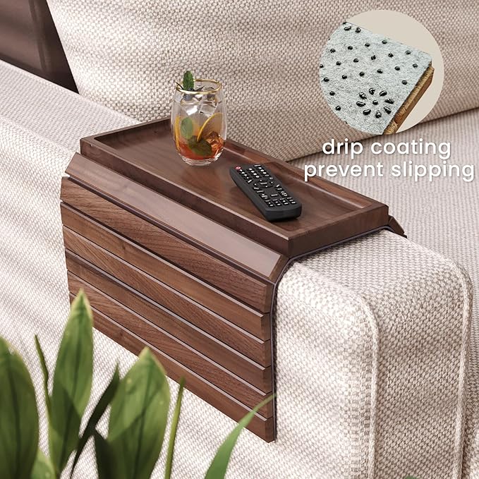 Sofa Arm Tray,Walnut Wood Folding Couch Arm Trays,Sofa Armrest Tray with Anti-Slip Pad for Drinks,Snacks,Phone,Remote Control